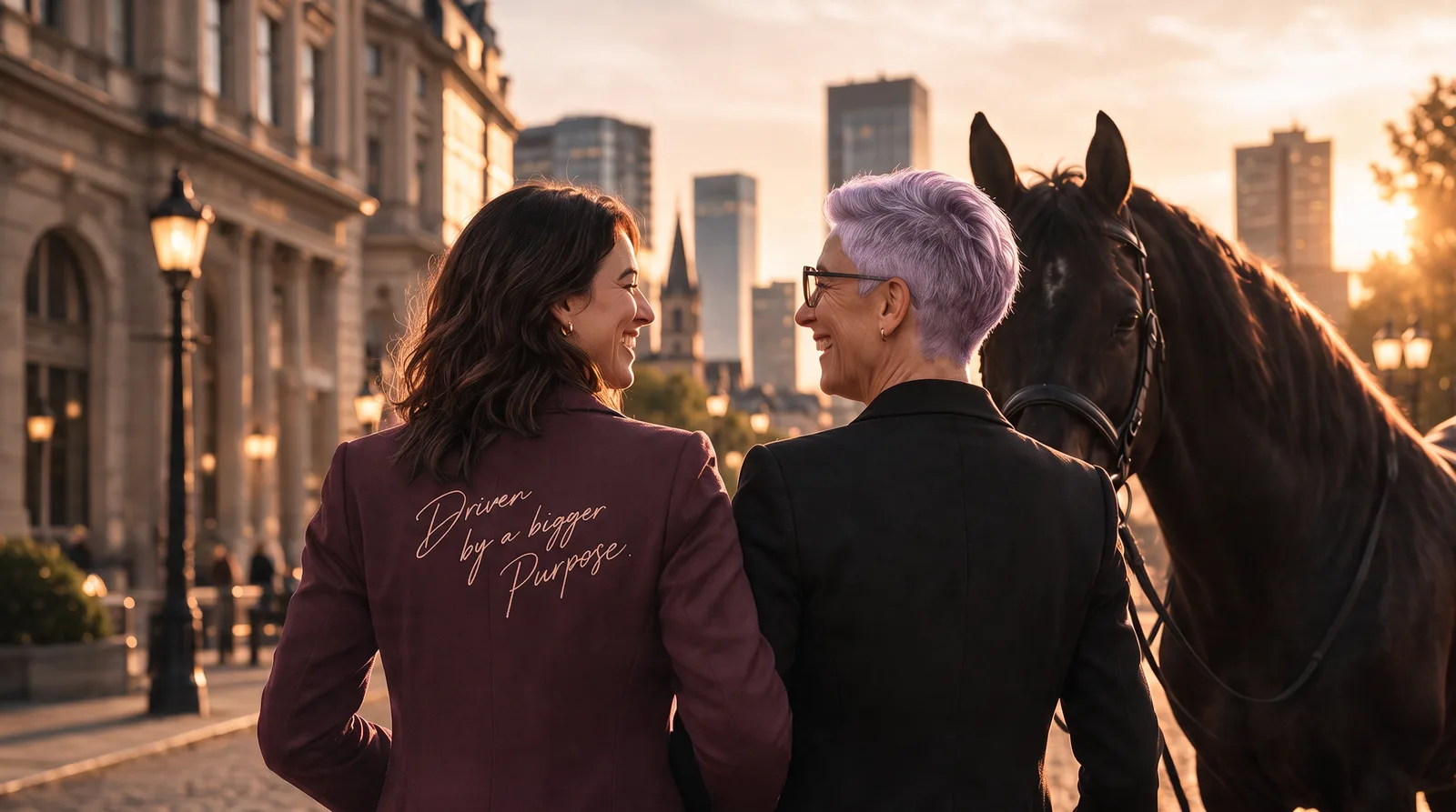Nicolett und Silke in schwarzen Blazern, auf Nicoletts Rücken der Schriftzug Driven by a bigger Purpose, daneben ein dunkles Pferd im Abendlicht der Stadt